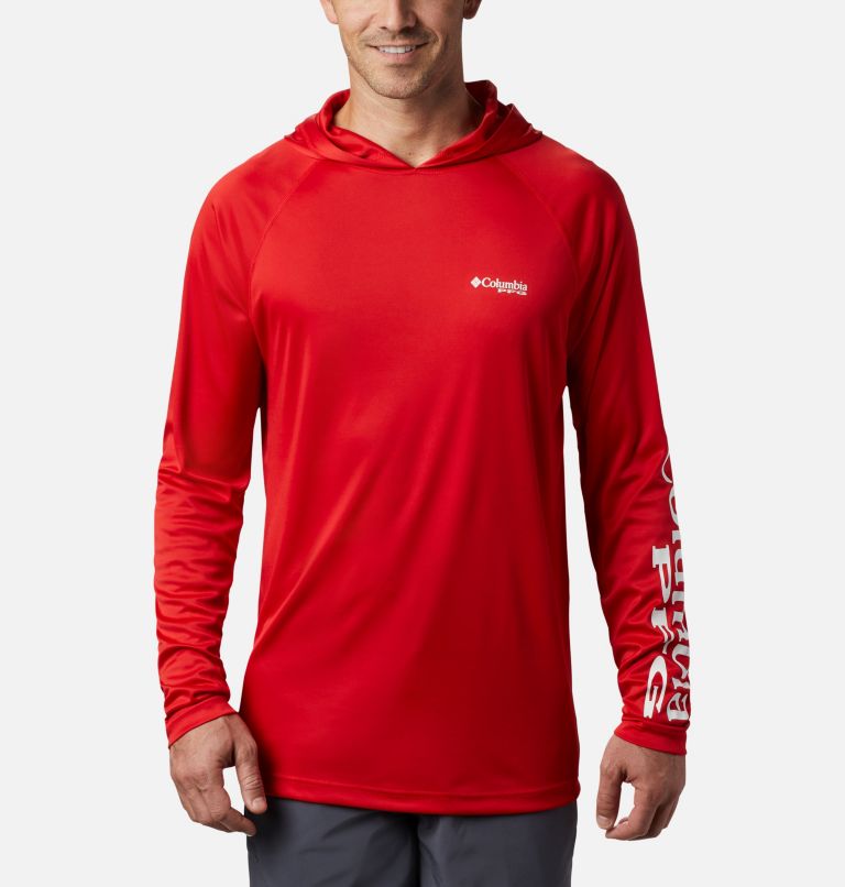 Men’s PFG Terminal Tackle Hoodie, Color: Red Spark, White Logo, image 1