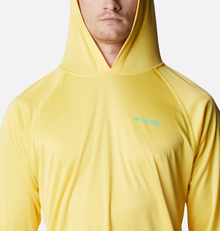 Men’s PFG Terminal Tackle Hoodie, Color: Sun Glow, Electric Turquoise Logo