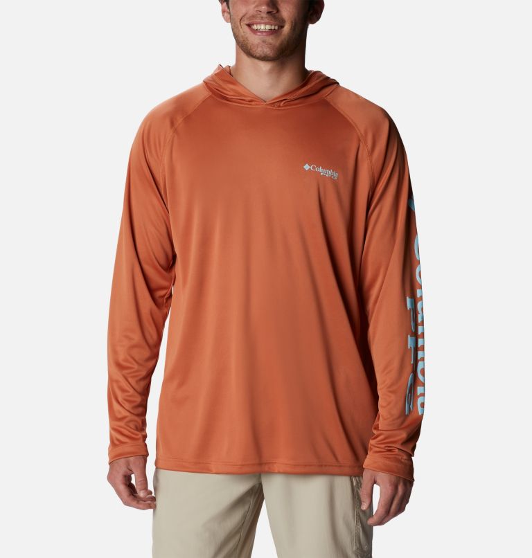 Men’s PFG Terminal Tackle Hoodie, Color: Island Orange, Spring Blue Logo, image 1