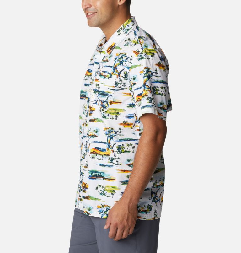 Men’s PFG Trollers Best Short Sleeve Shirt, Color: White Watercolor Island Print, image 3