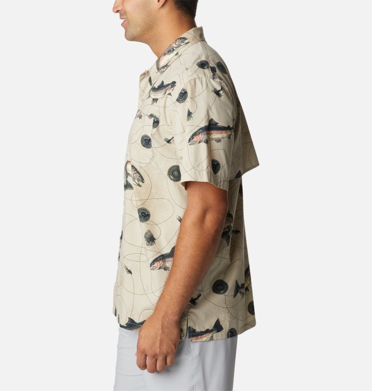 Men’s PFG Trollers Best Short Sleeve Shirt, Color: Fossil Freshwater DryFly Print, image 3