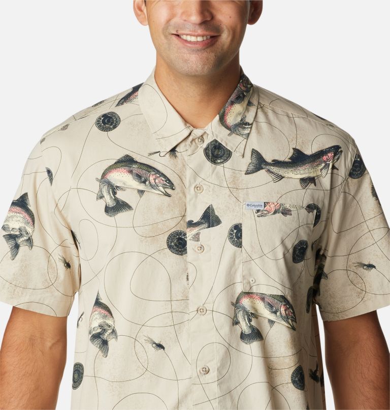 Thumbnail: Men’s PFG Trollers Best Short Sleeve Shirt, Color: Fossil Freshwater DryFly Print, image 4
