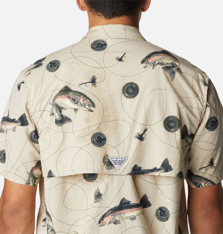 Thumbnail: Men’s PFG Trollers Best Short Sleeve Shirt, Color: Fossil Freshwater DryFly Print, image 5