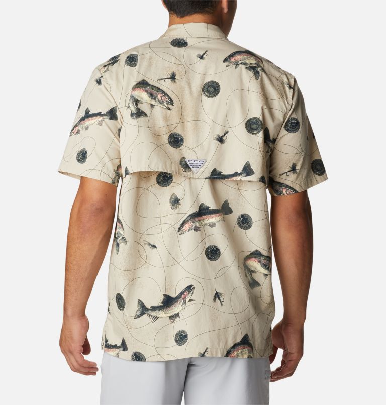 Thumbnail: Men’s PFG Trollers Best Short Sleeve Shirt, Color: Fossil Freshwater DryFly Print, image 2