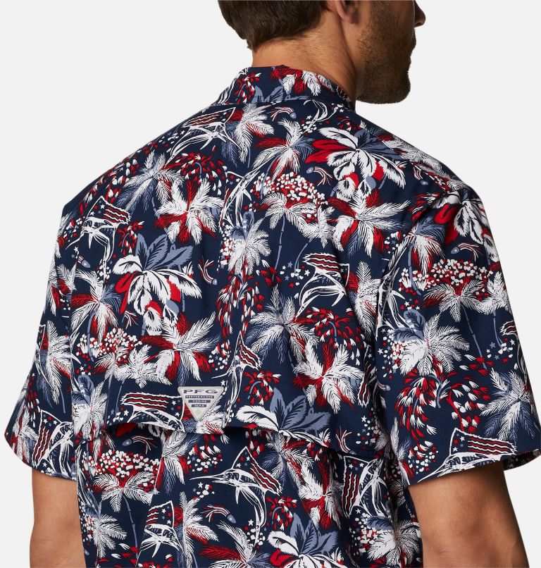Men’s PFG Trollers Best Short Sleeve Shirt, Color: Collegiate Navy Fireworks Fish Print, image 5
