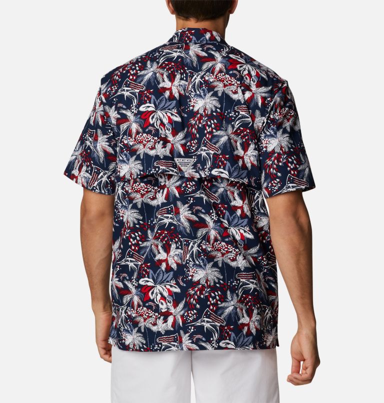 Men’s PFG Trollers Best Short Sleeve Shirt, Color: Collegiate Navy Fireworks Fish Print, image 2