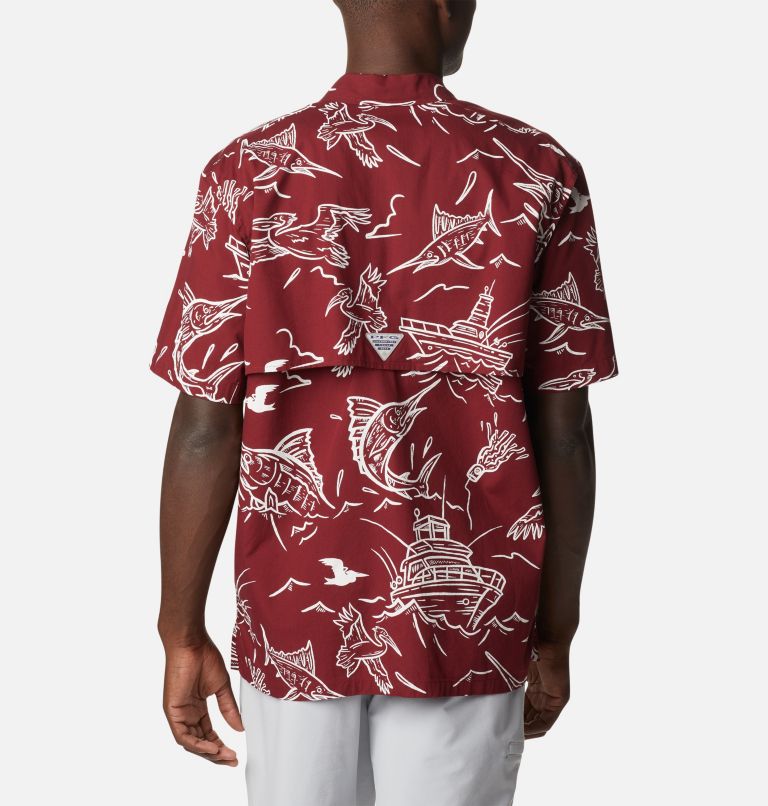 Men’s PFG Trollers Best Short Sleeve Shirt, Color: Red Jasper Mighty Marlins Print, image 2