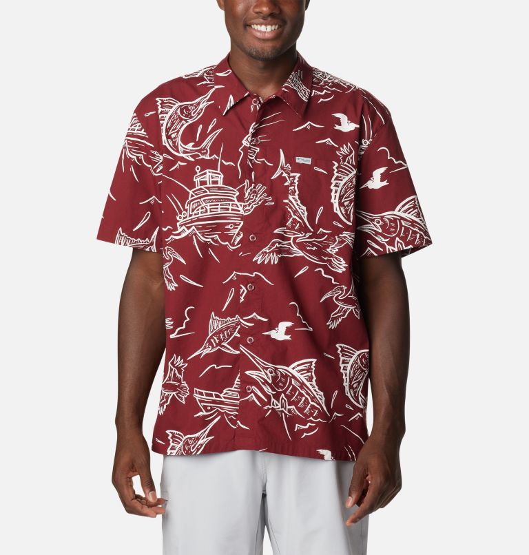 Men’s PFG Trollers Best Short Sleeve Shirt, Color: Red Jasper Mighty Marlins Print, image 1