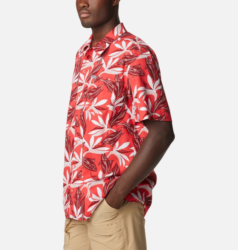 Men’s PFG Trollers Best Short Sleeve Shirt, Color: Red Hibiscus Tuna Paradise Print, image 3