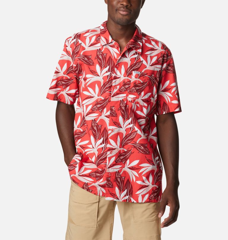 Thumbnail: Men’s PFG Trollers Best Short Sleeve Shirt, Color: Red Hibiscus Tuna Paradise Print, image 1