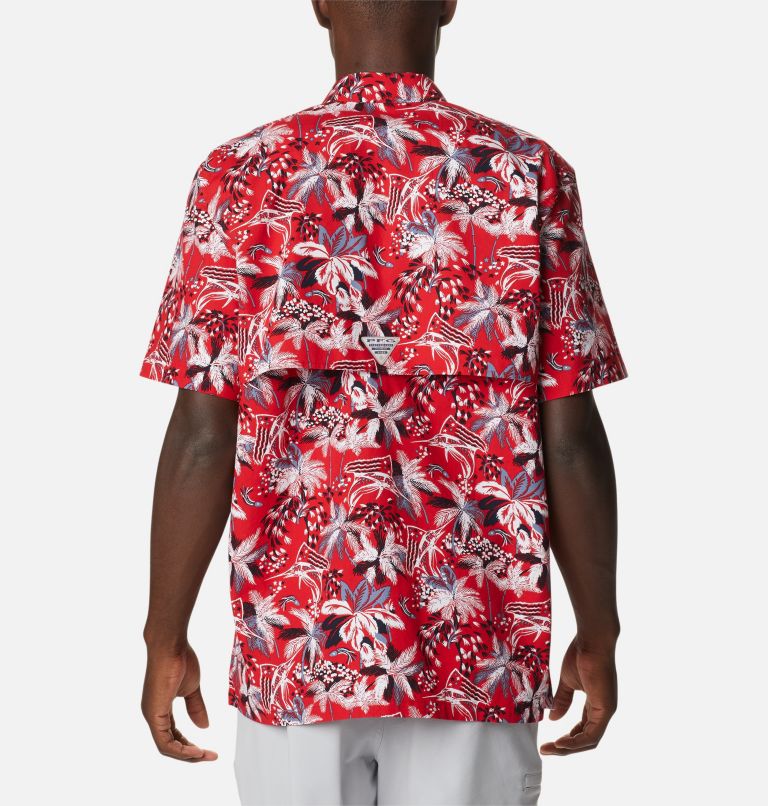 Men’s PFG Trollers Best Short Sleeve Shirt, Color: Red Spark Fireworks Fish Print, image 2