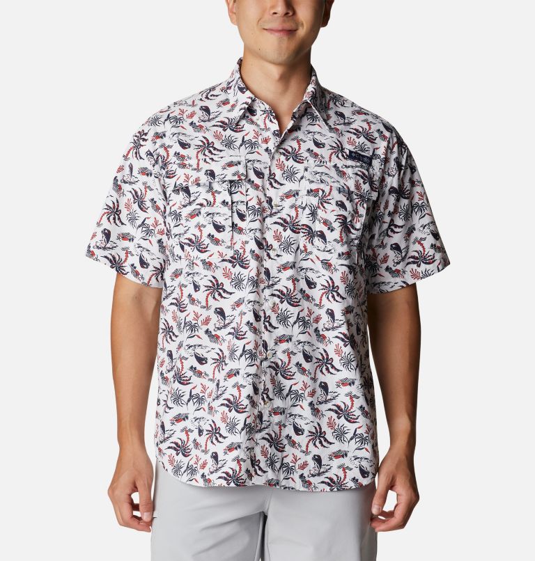 Men’s PFG Super Bahama Short Sleeve Shirt, Color: White, Dorado Isle Print