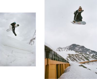 A snowboarder wearing the Stüssy x Mountain Hardwear collab while on the mountain