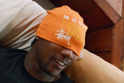 A model wearing the Stüssy x Mountain Hardwear beanie