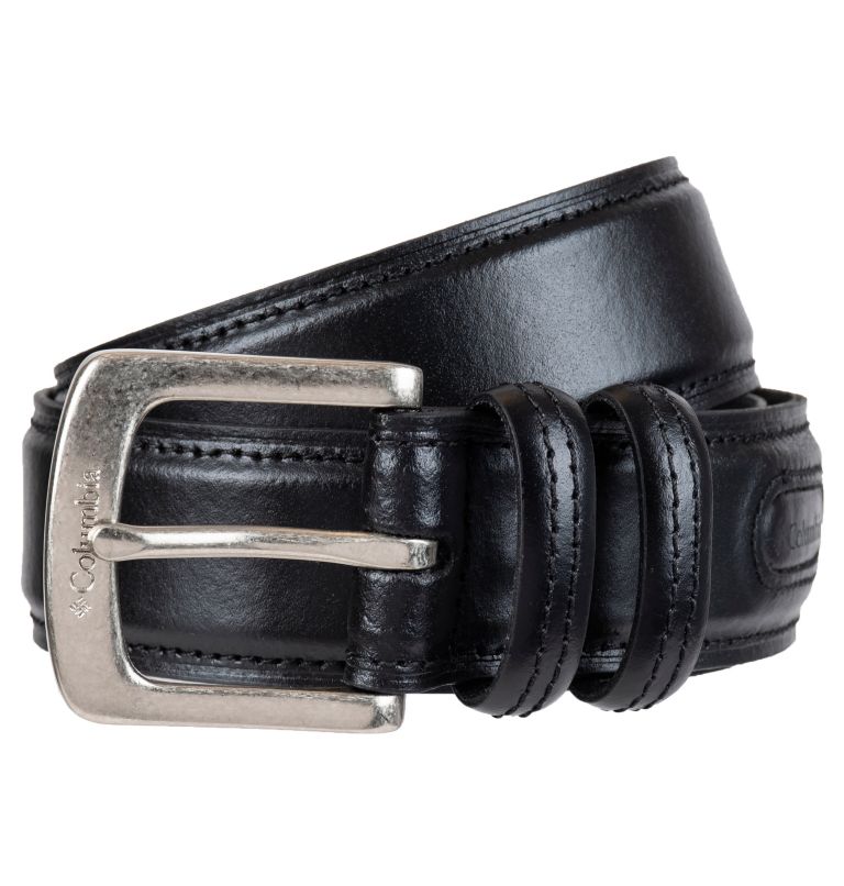 Women's black leather belt with engraved buckle and chains