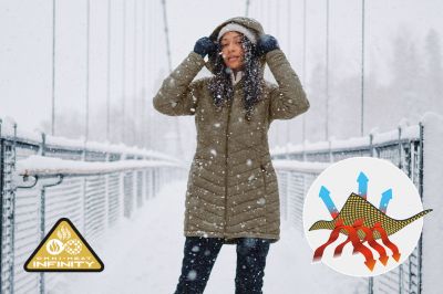 Model in a snowy scene in a jacket featuring Omni Heat Infinity and the Omni Heat Infinity tech badge in bottom left.