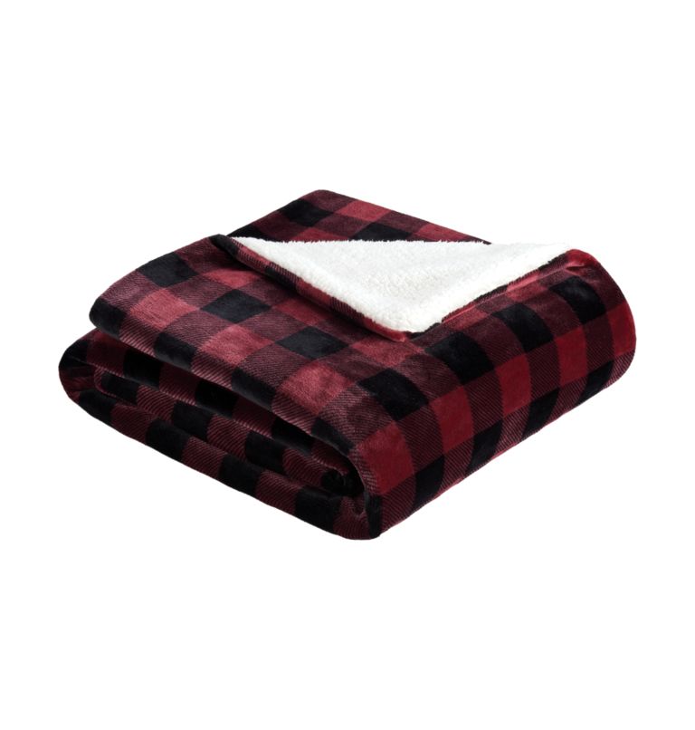 Reversible Plush Sherpa Throw | 600 | O/S, Color: BLACK RED CHECK, image 1