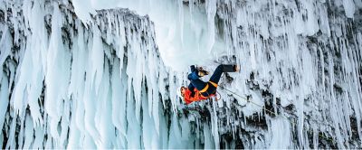 Mountain Hardwear Athlete Tim Emmett ice climbing in Helmcken