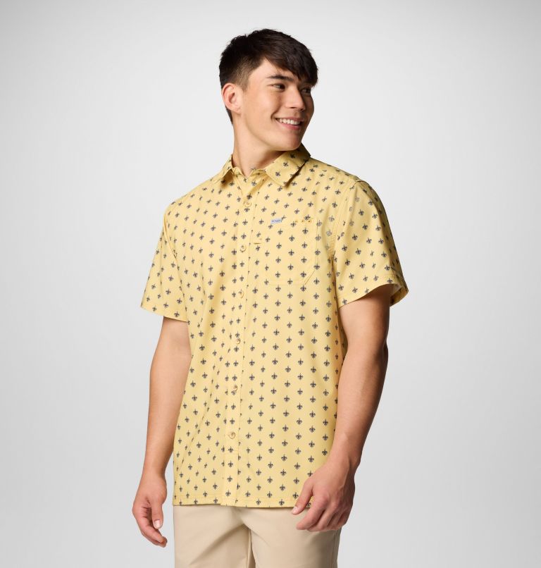 Men's PFG Super Slack Tide Short Sleeve Shirt | 790 | M, Color: FNS - Vegas Gold, image 3