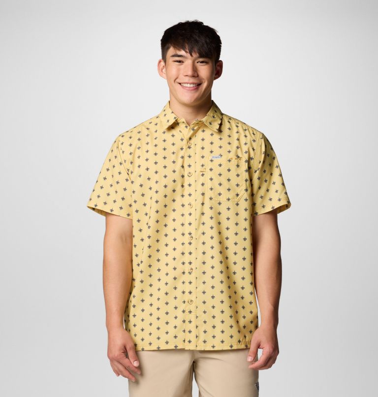 Men's PFG Super Slack Tide Short Sleeve Shirt | 790 | M, Color: FNS - Vegas Gold, image 1