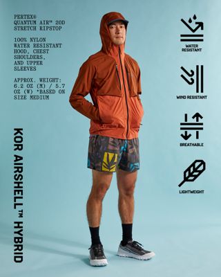 Kor AirShell Hybrid: Water Resistant, Breathable, Wind Resistant, Lightweight, Ultra Soft. Pertex®  Quantum Air™ 20D stretch Ripstop. 100% Nylon water resistant hood, chest shoulders, and upper sleeves. Approx. weight: 6.2 oz (m) / 5.7 oz (W) *based on size medium.