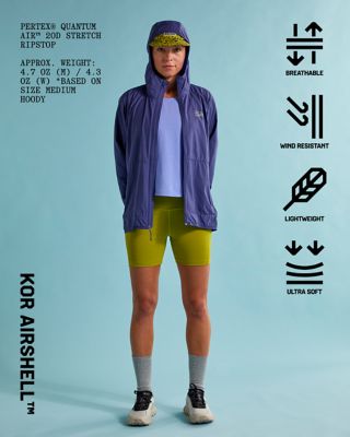 Kor AirShell Hoody: Breathable, Wind Resistant, Lightweight, Ultra Soft. Pertex® Quantum Air™ 20D stretch Ripstop. Approx. weight: 4.7 oz (M) / 4.3 oz (w) *based on size medium hoody.