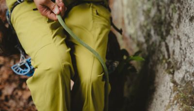 Belaying close up in the Dynama pants.