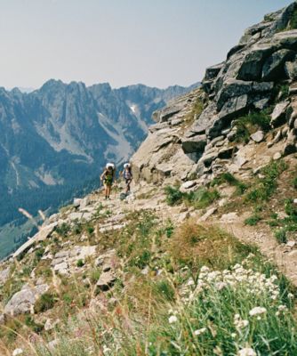Backpacking on trail but not for long, in the North Cascades.