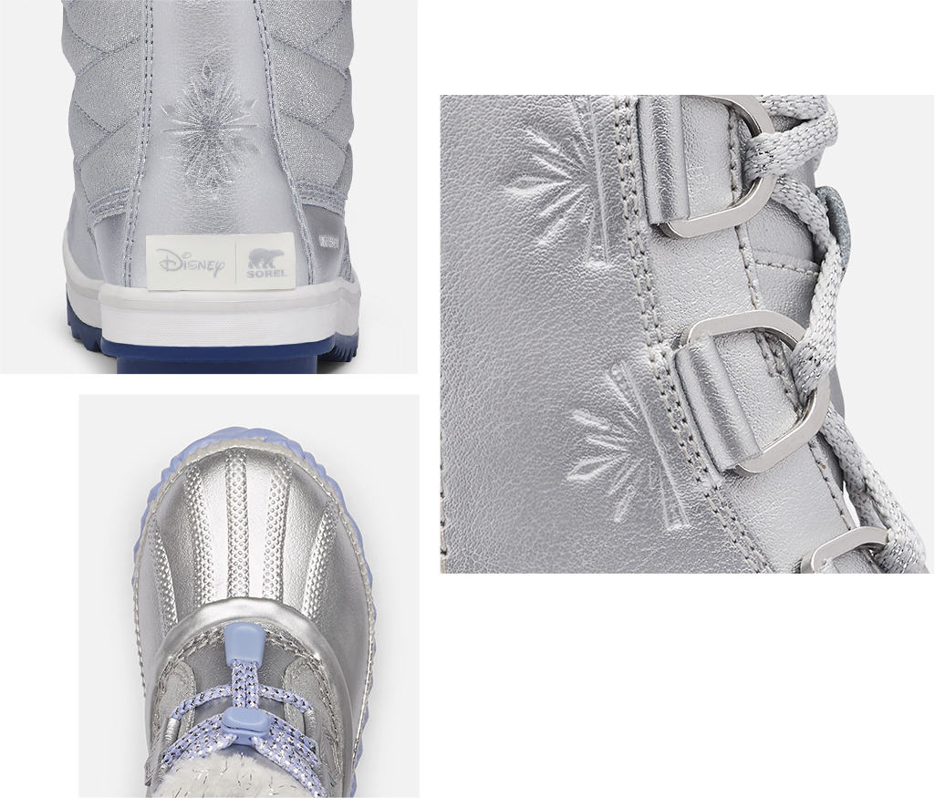 Three different detail shots of a Tofino Frozen 2 inspired boot with blue background