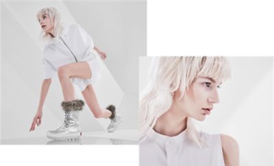 Woman kneeling wearing Joan NEXT boots and close up shot of model