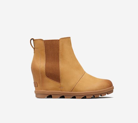 Profile view of a camel brown  Joan Wedge Chelsea boot