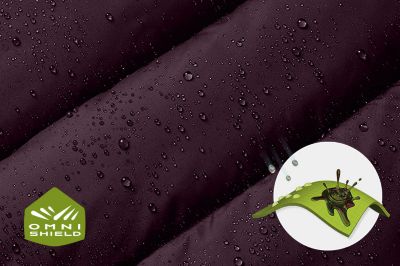 Close up of the pant's tan fabric with the Omni Wick logo in the bottom left and a graphic showing how moisture rises to the fabric's surface to evaporate in the bottom right.