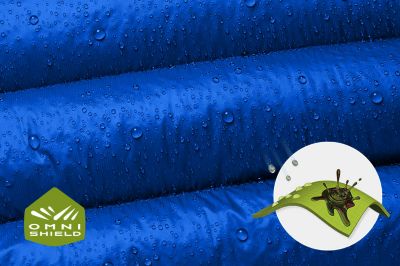Close up of the pant's tan fabric with the Omni Wick logo in the bottom left and a graphic showing how moisture rises to the fabric's surface to evaporate in the bottom right.