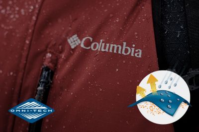 Close up of fabric with the Omni Tech logo in the bottom left and a graphic showing how moisture beads on the fabric's surface.