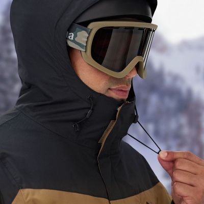 Close-up of a model putting up the protective hood.