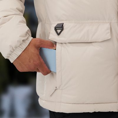 Model placing a phone into a zippered hand pocket.