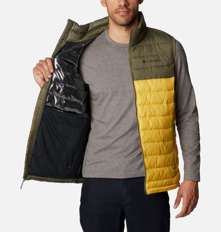 Men's Powder Lite Insulated Vest, Color: Golden Nugget, Stone Green, image 5