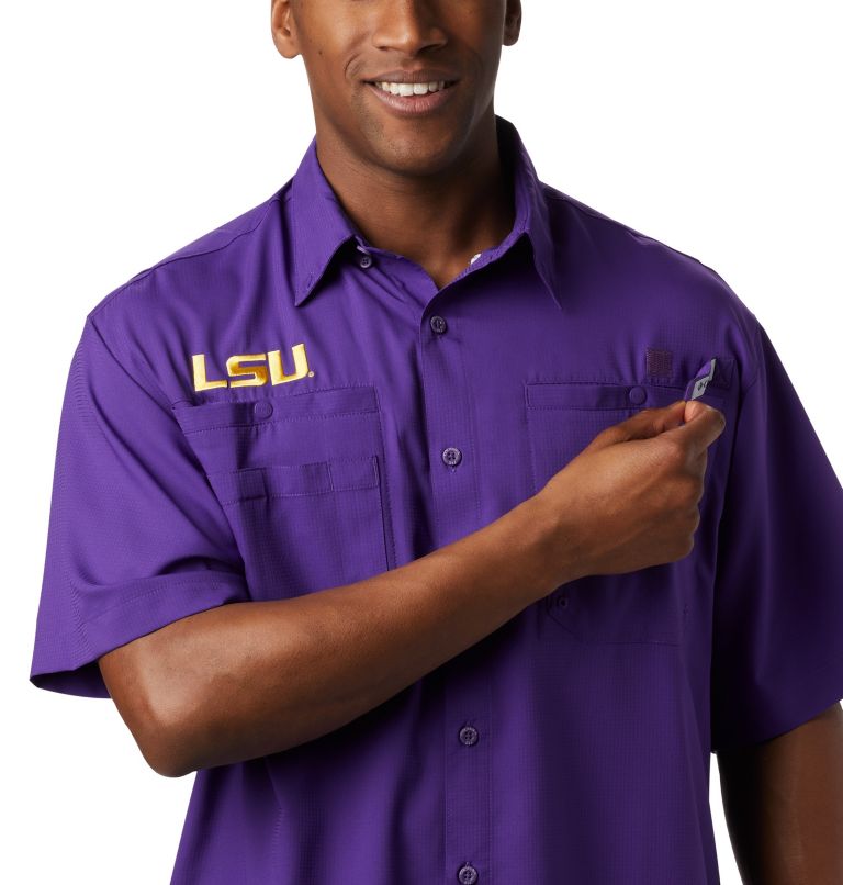 Men's Collegiate PFG Tamiami Short Sleeve Shirt - LSU, Color: LSU - Vivid Purple