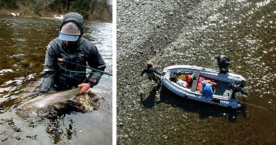 Curits Ciszek holding a fish in a river. Right, two men getting on a small boat on a river.