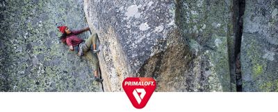 Primaloft logo overlayed on an image of a climber climbing on Donner pass.