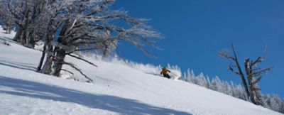 Skier wearing the Women's High Exposure™ Gore-Tex® C-Knit™ Anorak skiing in the background. 