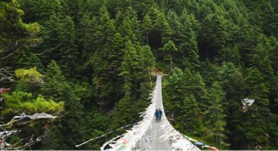 Trekking over suspension bridge shot