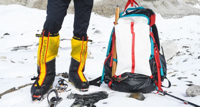 Gear at Everest Base Camp; La Sportiva Mountaineering Boots and the Mountain Hardwear AMG 75 pack.